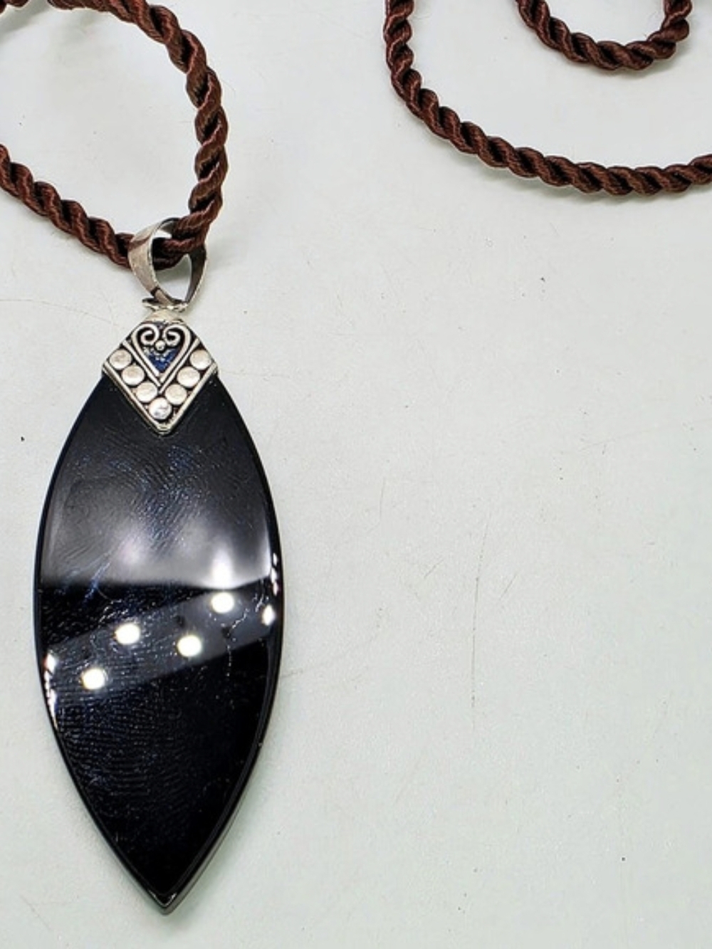 Vintage 925 Sterling Silver Black Onyx Pendant Western Brown Cord Necklace